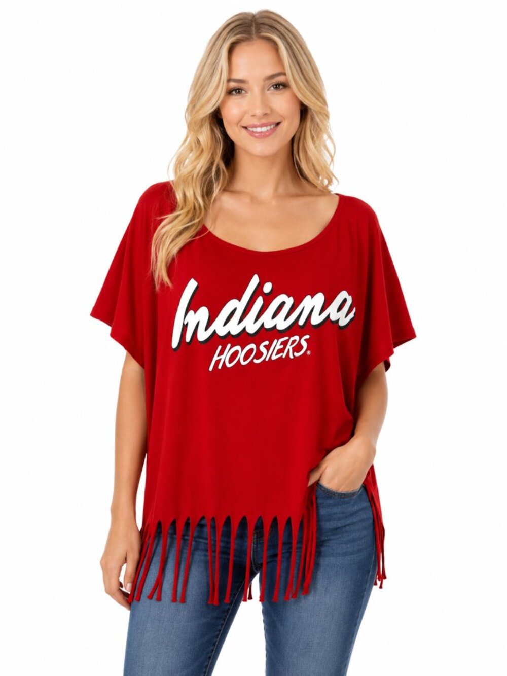 Indiana Hoosiers Womens Poncho Shirt Short Sleeve Fringe Tassels Red OSFM New